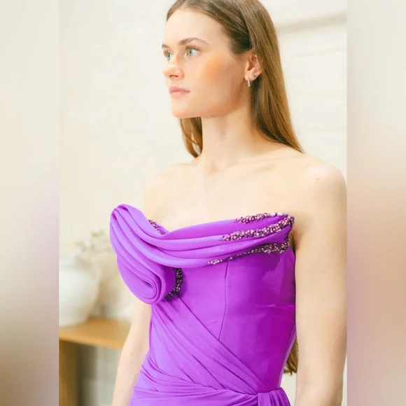 Albina Dyla Light Purple Corset Dress Deep Side Slit Strapless Gown Size  Small - www.joarbit.com